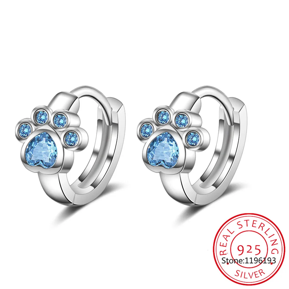 

Baby Princess 925 Sterling Silver Blue Crystal Cute Pet Cat Paw Hoop Earring For Child Girl Women Loop Earring Jewelry