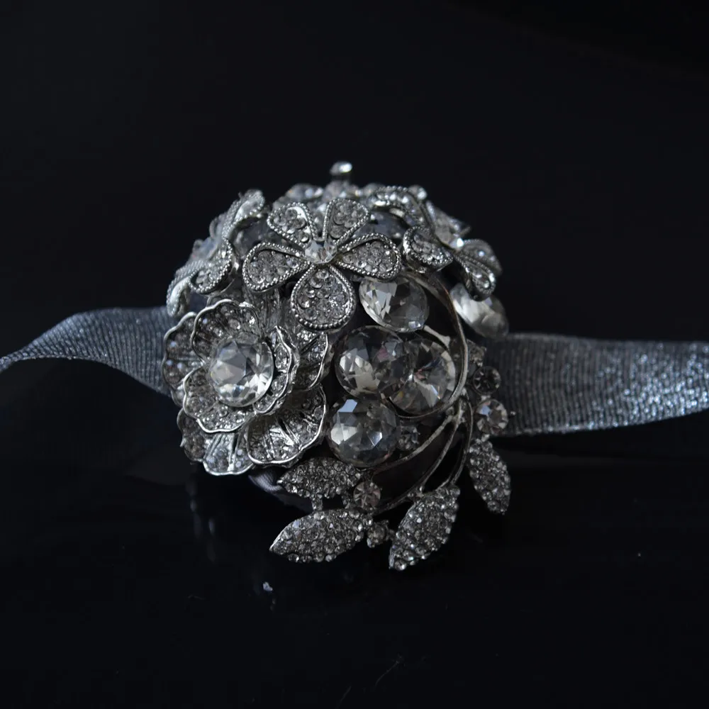 

H&S BRIDAL Wedding Bridal Wrist Gray Rhinestone Accessories Bridesmaid Girls Bracelet Crystal Wrist Flower 2019 Lace Ribbon 2019