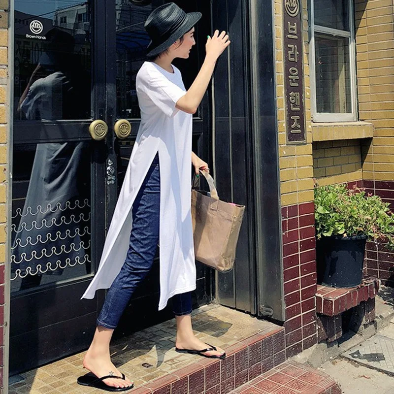 

IEQJ 2021 Can Ship Summer Loose Casual Korea Fashion Long T Shirt For Women Short Sleeve Side High Vent Round Collar Tops YH979