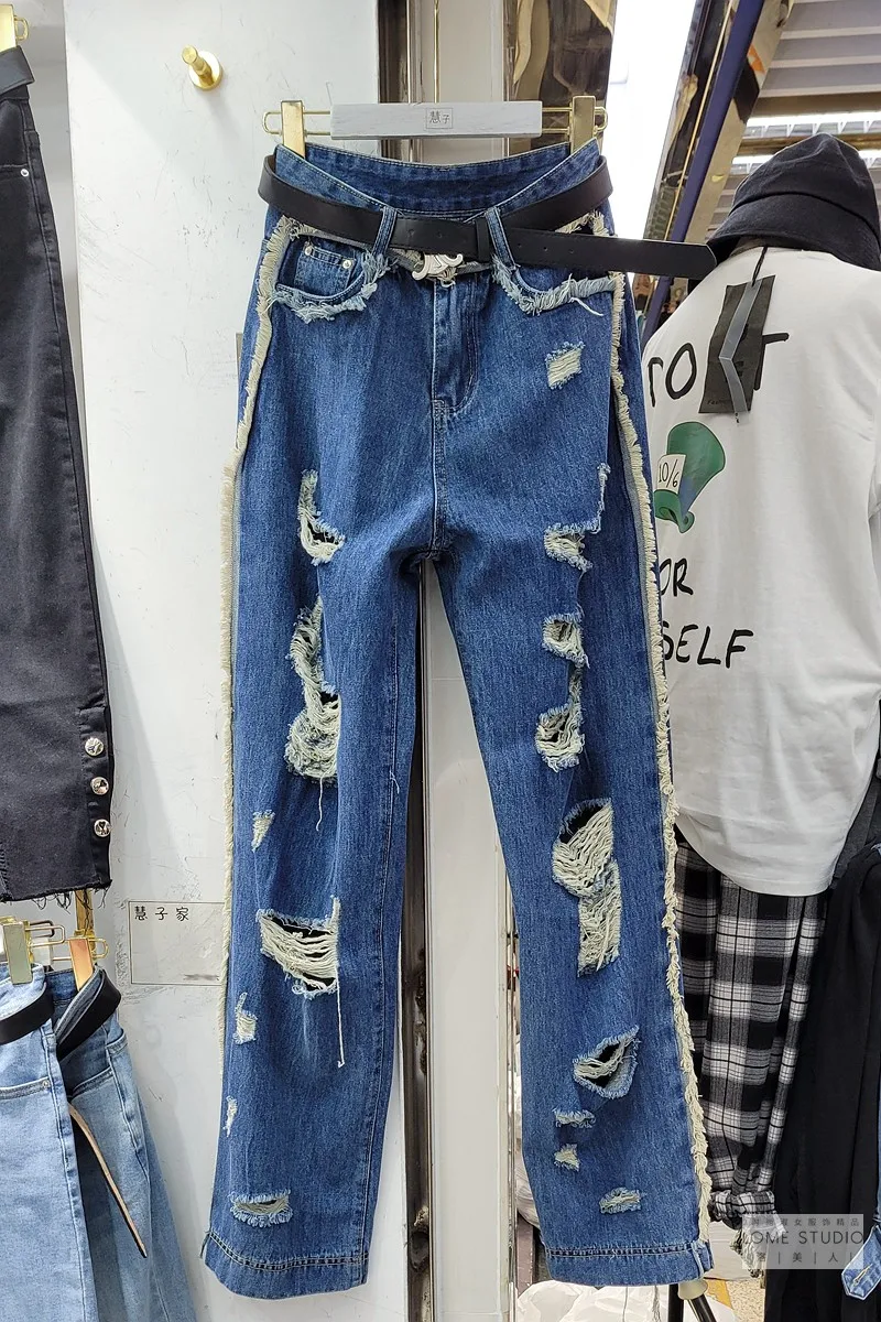

Blue Ripped Denim Jeans for Women 2021 Spring and Summer New High Waist Straight Pants Washed Wide Leg Pants