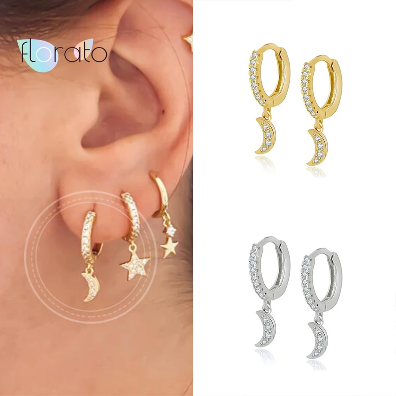 

100% 925 silver ear buckle Hoop Earrings For Women Moon Gold Silver Color Piercing Earring Earings Jewelry Pendientes