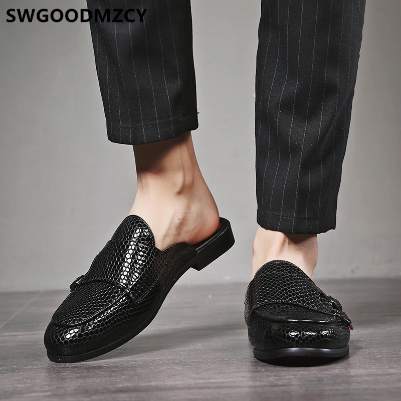 double monk strap shoes men leather half shoes for men mule masculino Coiffeur men half shoes zapatos de hombre casuales cuero