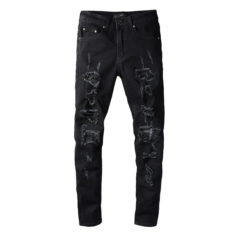 

2021 Streetwear Slim Fit Straight Jeans Pants Men Designer Hip Hop Skinny Jeans Trousers Men Trendy Black Ripped Jeans For Men