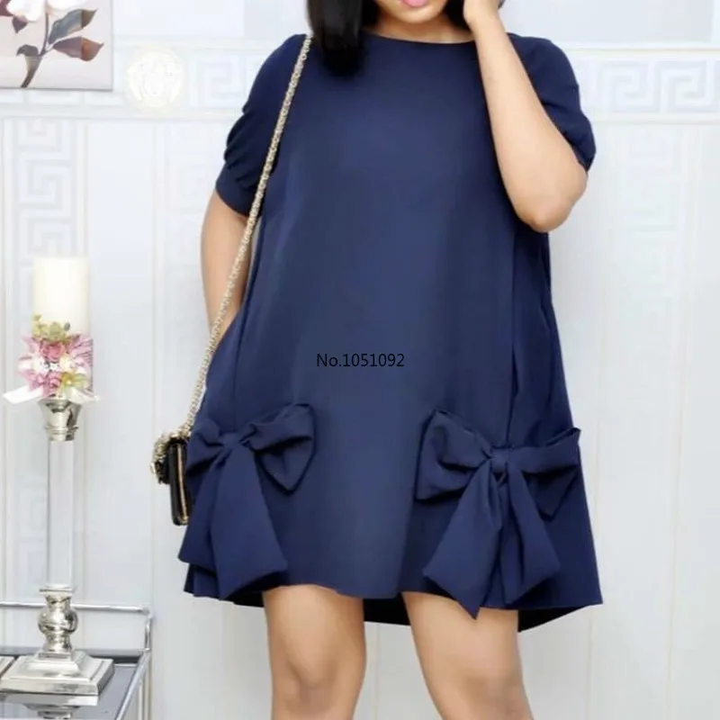 Женское мини Свободное платье с короткими рукавами и круглым вырезом бантиком