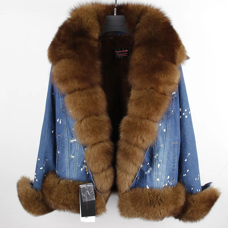 

MaoMaoKong real fur women Short parka coat denim jacket real natural fox fur coat thick warm fur parkas winter