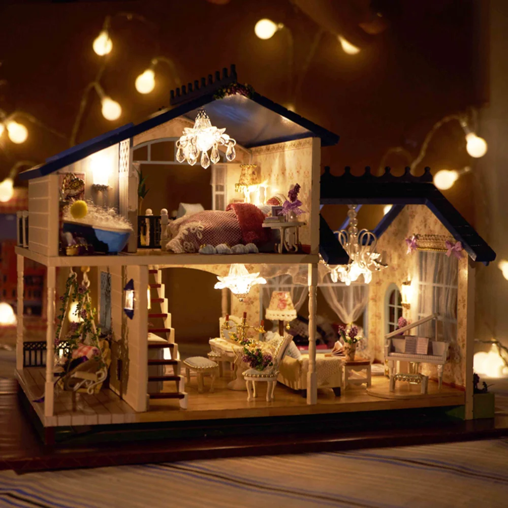 

1 Set DIY Wooden Villa Provence Lavender LED House Model Mini Romantic Artwork Without Battery for Friends Lovers