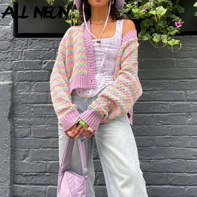 

ALLNeon 2000s Aesthetics Cute Rainbow Striped Knit Cardigans Y2K Streetwear Kawaii Twist Buttons Up Long Sleeve Oversize Jumpers
