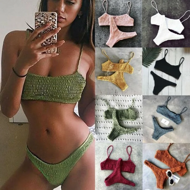

Summer Women Swim Wear Sexy Low Waist Thong Bikini Two Pieces Fold Bandeau Swimsuit