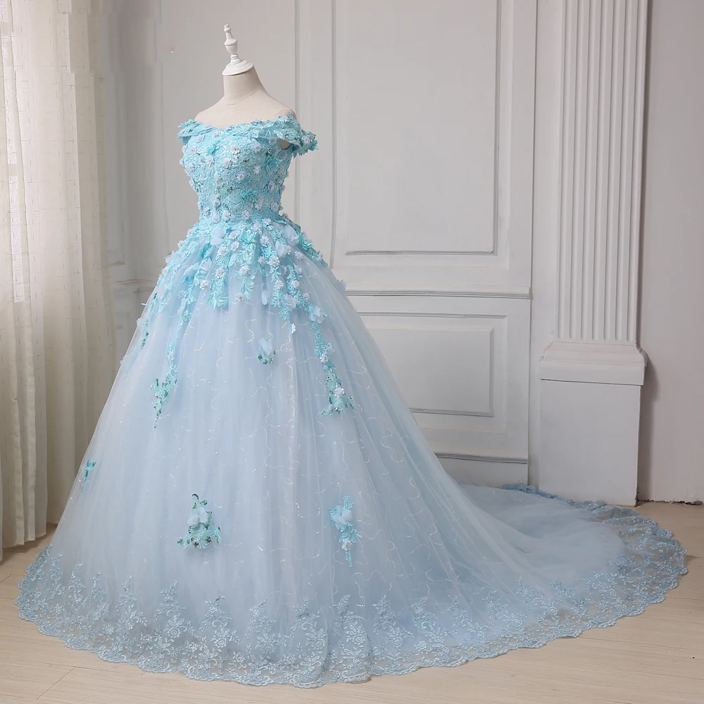 Женское свадебное платье с открытыми плечами Белое Бальное цветами и блестками