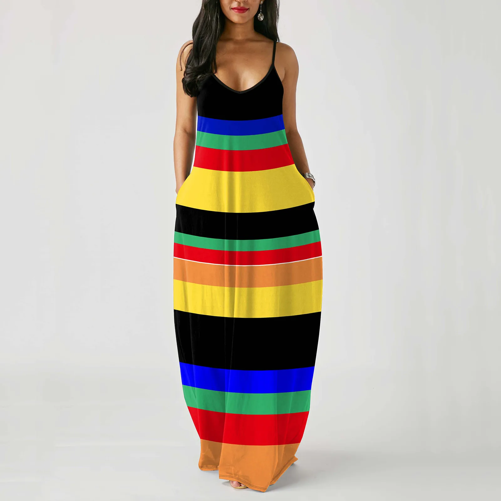 

40# Gradient Color Sleeveless Strap Dress Women O-neck Plus Size Pullover Long Dress Bohemia Vintage Long Woman Dress Robe Femme