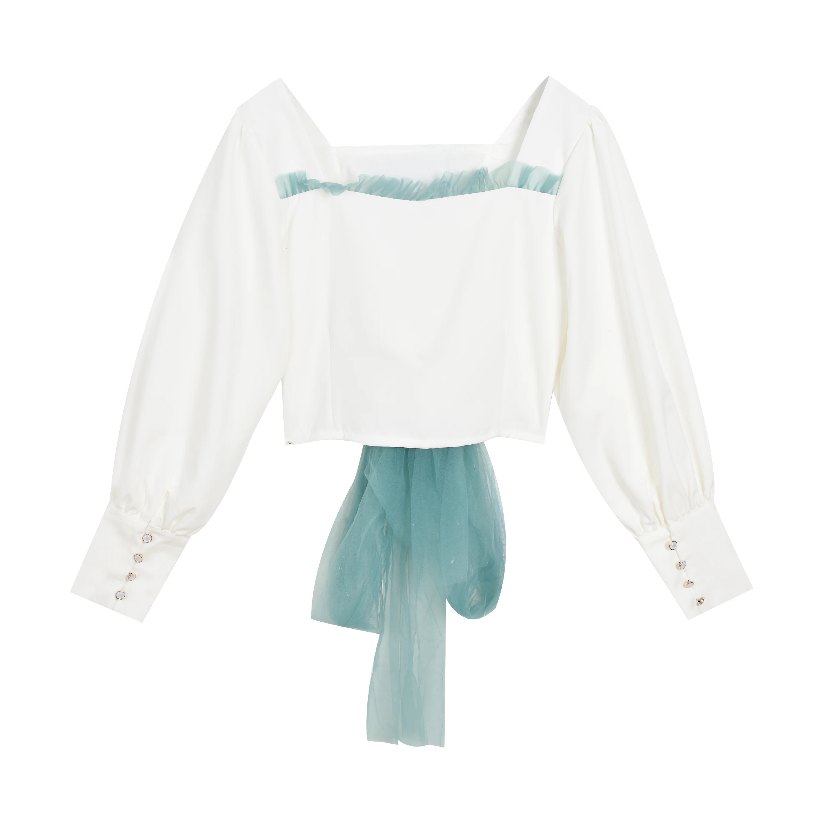 

Cute Short Design Square Collar Puffy Sleeve Blouse Top Women CHic Mesh Drawstring Criss-cross at Back Sexy Shirt Top
