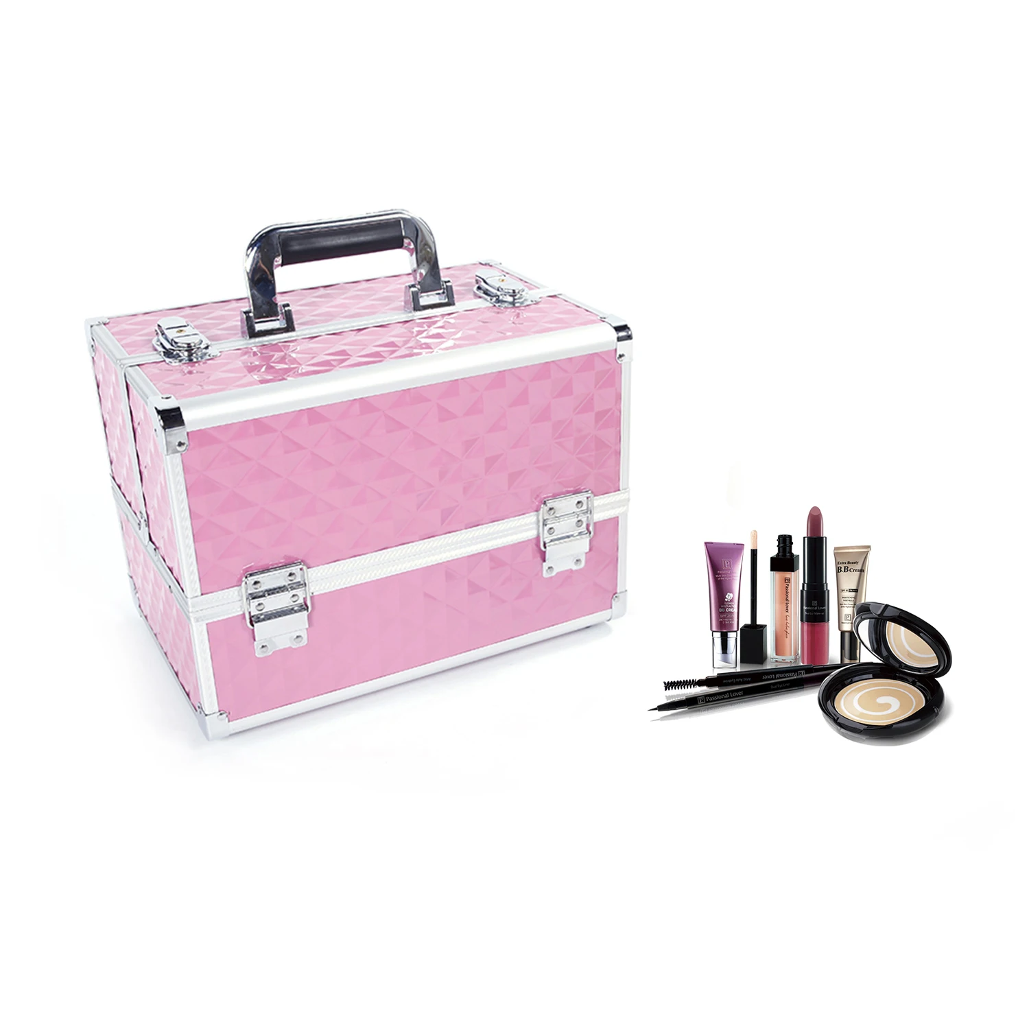 

Multi-layer Professional Portable Aluminum Cosmetic Makeup Case Pink makeup case with makeup included