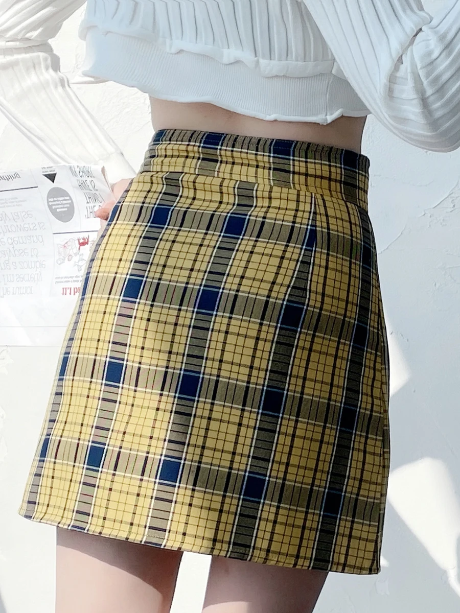 

XS - 5XL Yellow Plaid Skirt Women Summer New High Waist Kawaii Skirts Female Spice Girls Split Skirt Preppy Short Skirts Mujer