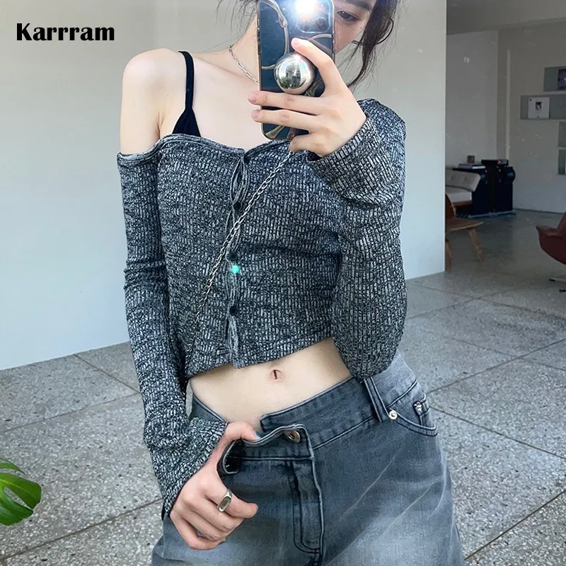 

Karrram Autumn Sexy Slim Cropped Cardigan Irregular Off Shoulder Knitted Sweaters Korean Design Clothes Short Ribbed Cardigan