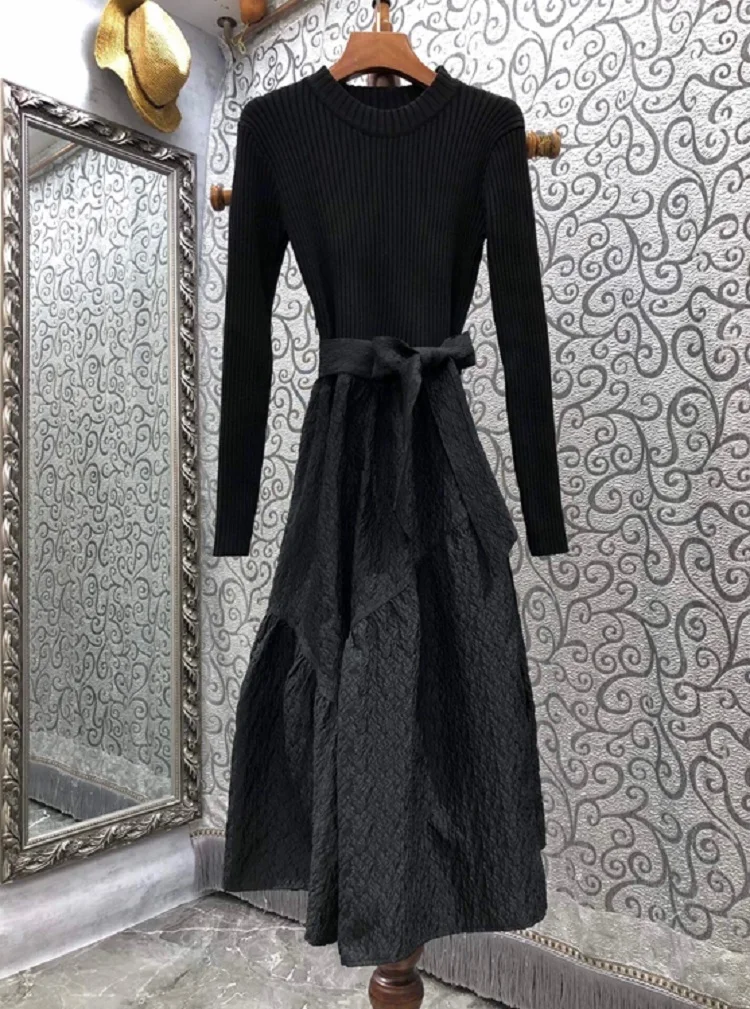 

New 2022 Spring Autumn Winter Long Sweater Dress High Quality Women Vintage Jacquard Cotton Knitted Patchwork Long Sleeve Dress