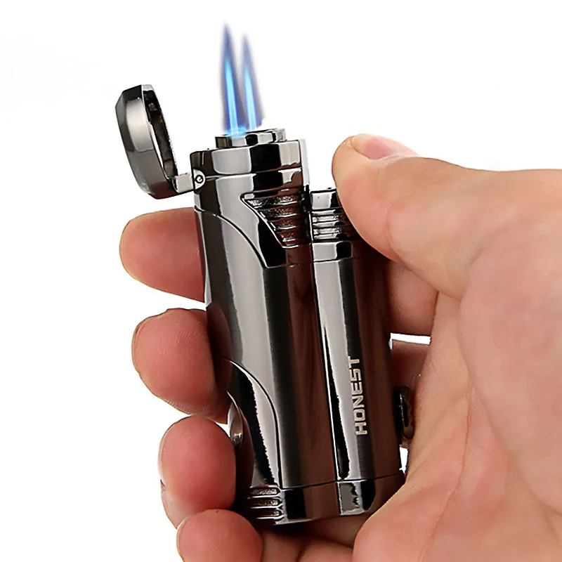 

Honest Cigar Lighter With Cigar Cutter Jet Double Straight Flame Torch Lighter Windproof Gas Refillable (Butane Not Included)