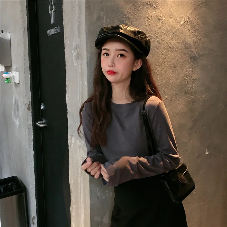 

Basic T Shirt Women Long Sleeve Womens Tops O-Neck Autumn Tee Shirt Women Korean Style T-Shirt Solid Color Cotton Shirt