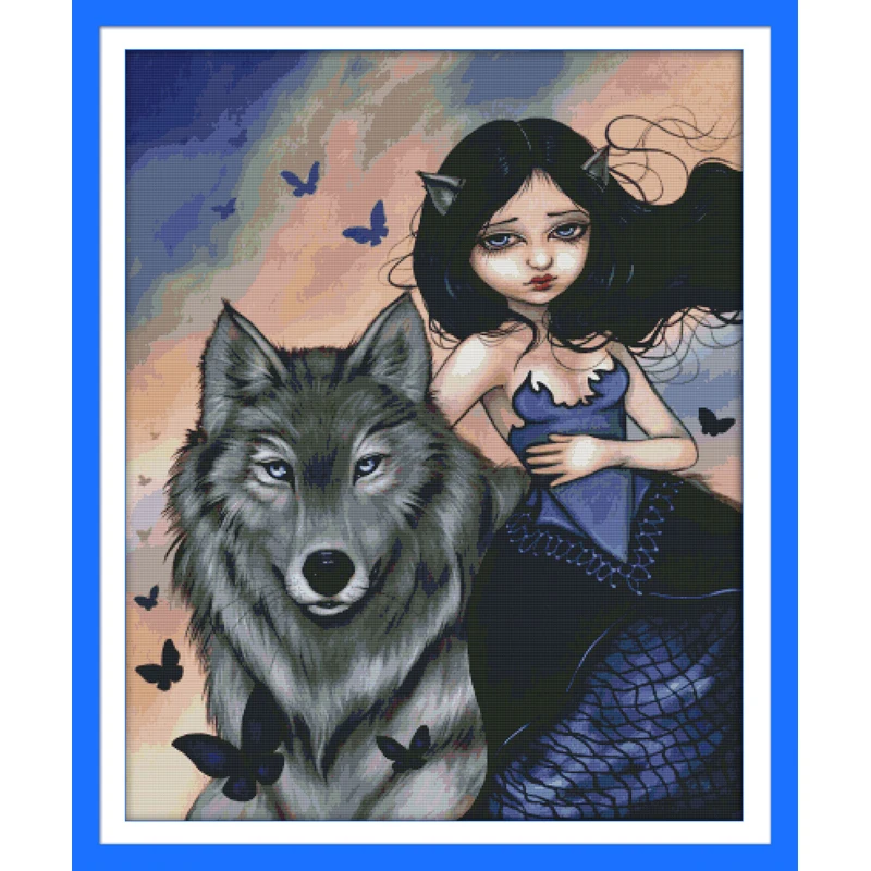 

Everlasting Love Wolf And Girl Chinese Cross Stitch Kits Ecological Cotton Stamped 11CT DIY Gift New Year Decorations For Home