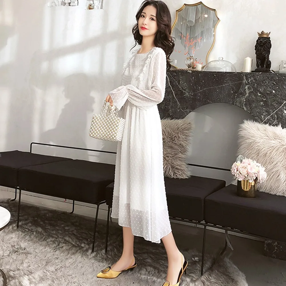 Женское шифоновое платье в горошек с оборками длинные брюки клеш эластичным