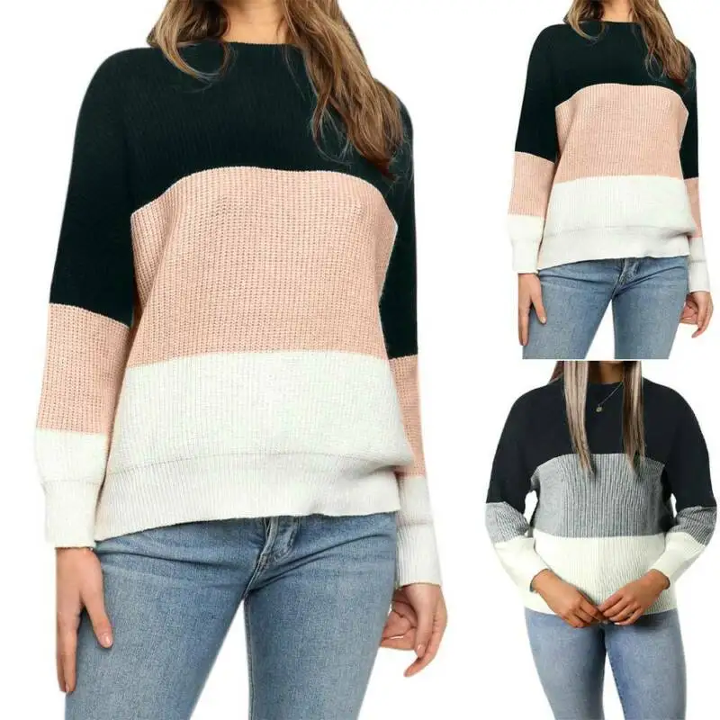 

Womens Colourblock Jumper Crew Neck Ribbed Swearter Ladies Casual Loose Tops