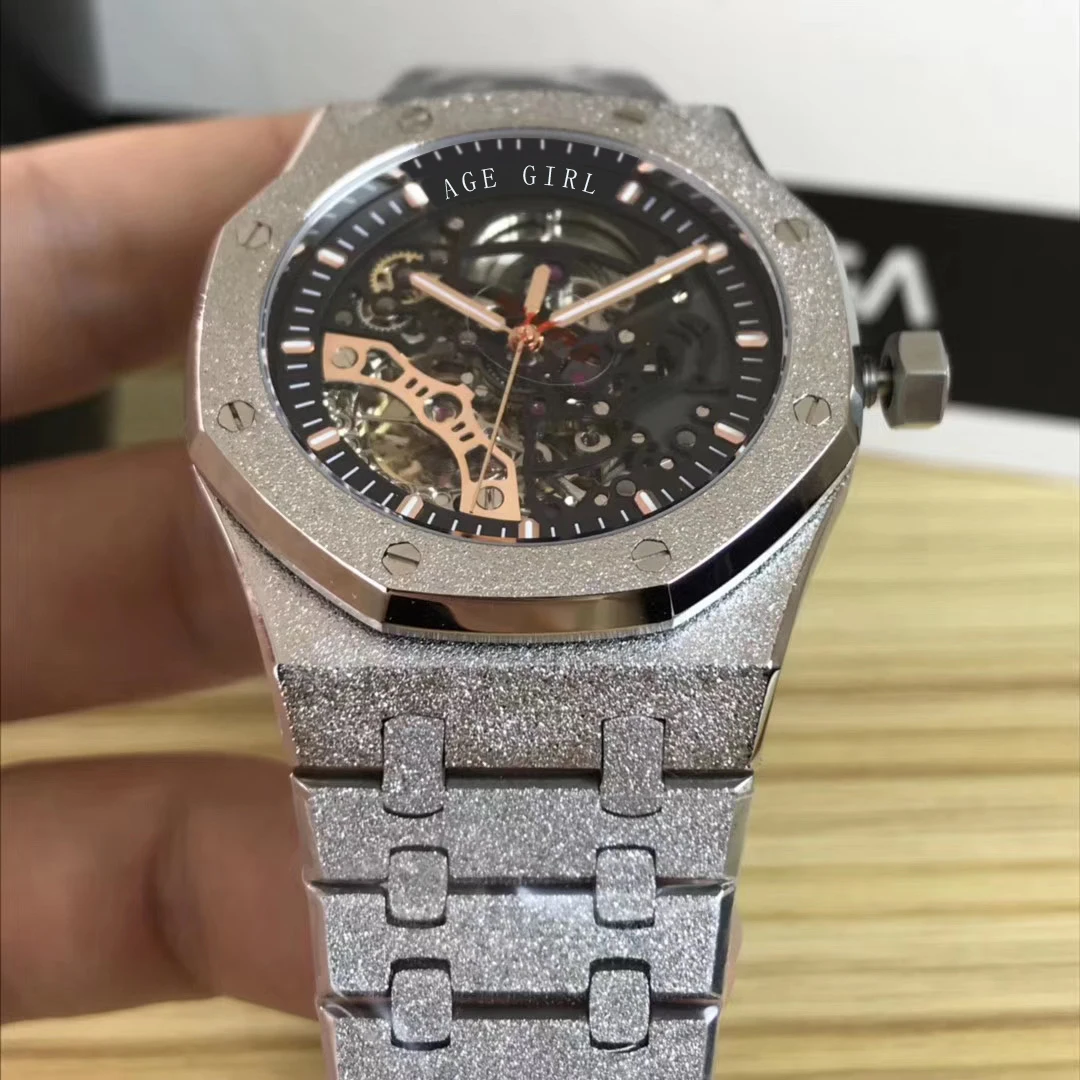 

Luxury New Men Automatic Mechanical Stainless Steel Silver Black Matte Sapphire Glass Back Watch Tourbillion Skeleton AAA+