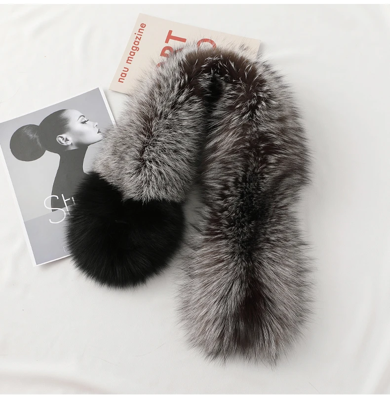 

ZDFURS* Women Silver Fox Fur Scarves Black Fox Fur Mufflers Whole Skin High-end Real Fur Shawl Wraps Rings Neck-wear Winter Warm