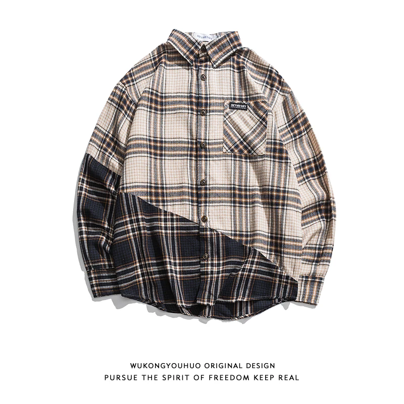 

Mens Clothes Shirt Fashion Retro Plaid Stitching Long Sleeved Shirt Loose Casual Summer Party Camisa Masculina Mens Cloth EB50CS