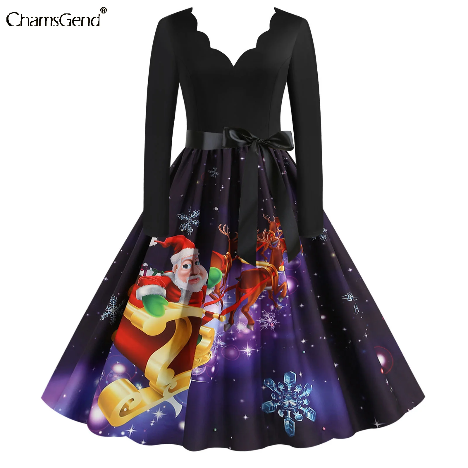 

Женское вечернее платье с поясом, винтажное платье с принтом снеговика, V-образным вырезом, длинным рукавом и широкой юбкой-качели, одежда дл...