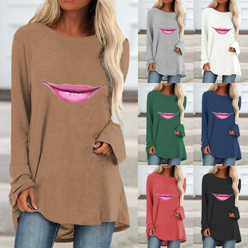 Женская Осенняя модная одежда повседневный свитшот с принтом губ топы длинным