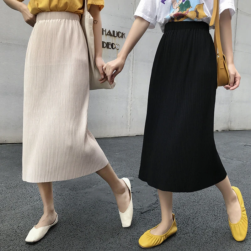 

Ice Silk Knitted Skirt Korean High Waist Slit Was Thin Women Long Back Slit Skirt Hip Skirt All-match Casual Black Knitted Skirt