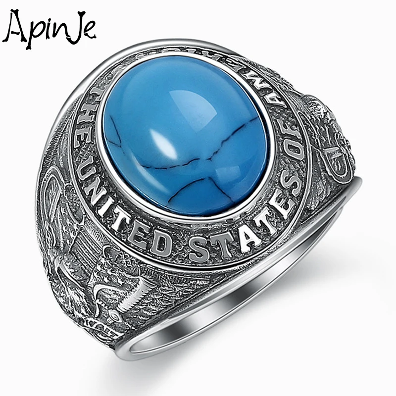 

Apinje Vintage 925 Sterling Silver Turquoise Ring for Men Punk Signet Antique Blue Stone Rings Man Gothic Party Jewelry