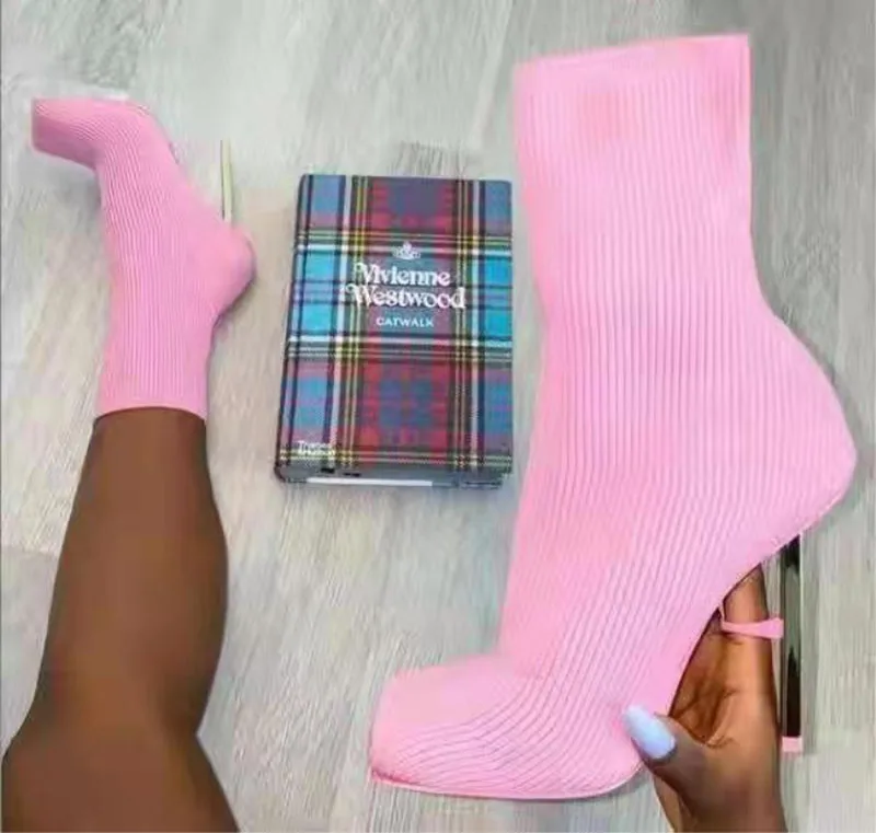 Sexy Sock Boots Knitting Stretch Boots High Heels Women Fashion Shoes 2021 Spring Autumn Square Head Ankle Boots Booties Female