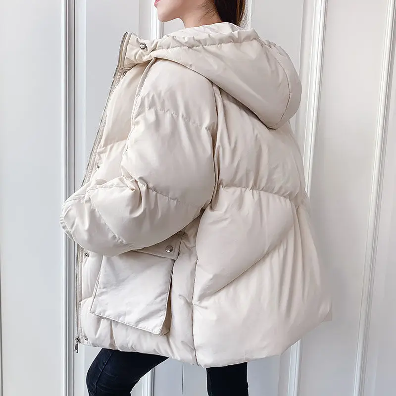 2022 new fashion big pocket down jacket women loose hooded long-sleeved padded bread coat padded women's parka