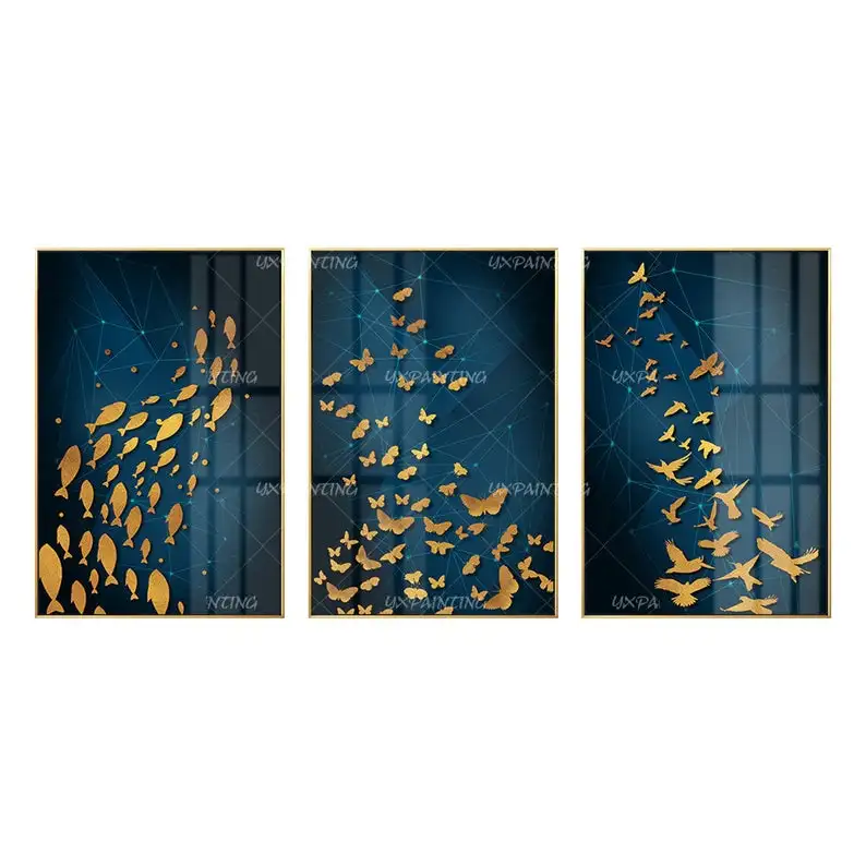 

3 pieces Abstract print Gold art print On Canvas ready to hang blue print framed painting print art set of 3 wall art home Decor