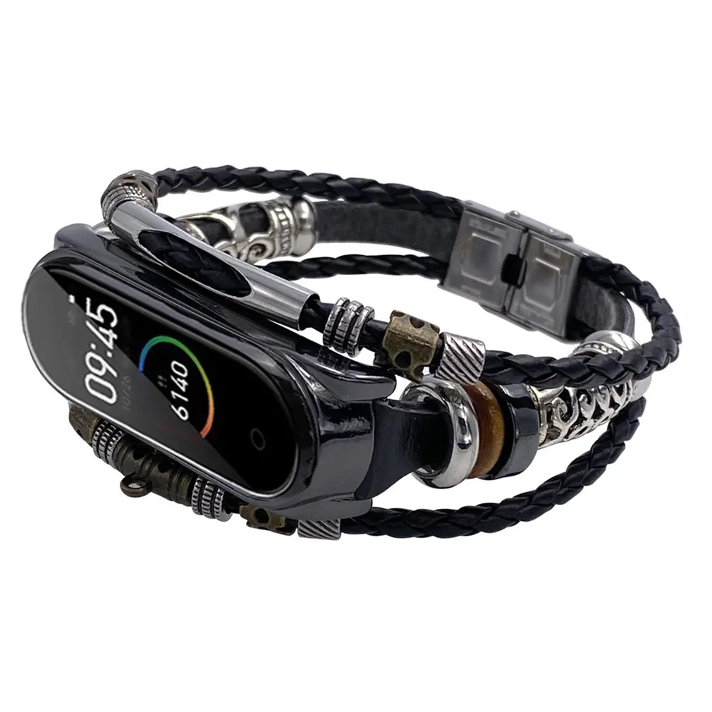 

For Mi Band 4/5 Bracelet Retro Genuine Leather Wristband Strap for Mi Band 4/5 Accessory Metal Case Watchband for MiBand
