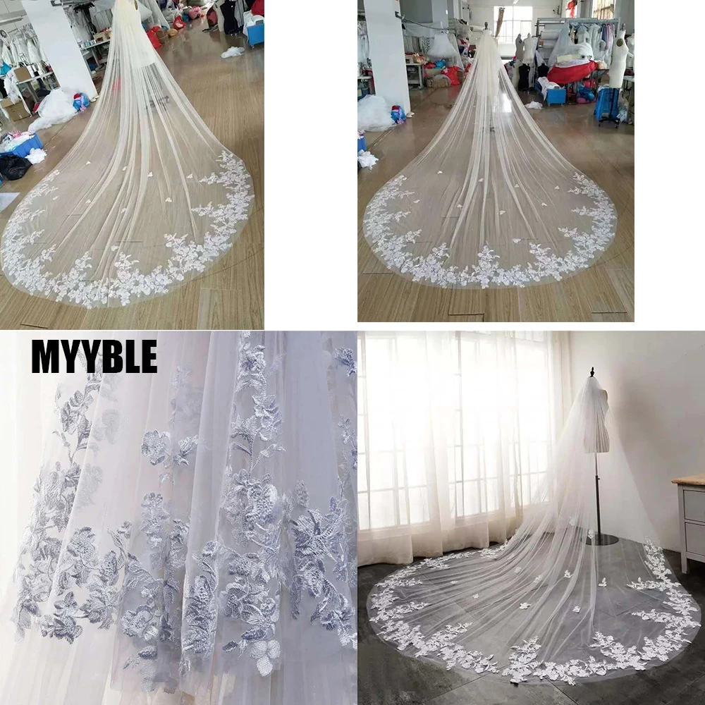 

2021 White/Ivory Wedding Veils Long Lace Edge Flower Luxurious Applique Cathedral Bridal Veil With Comb 3/5 Meters Velo De Novia