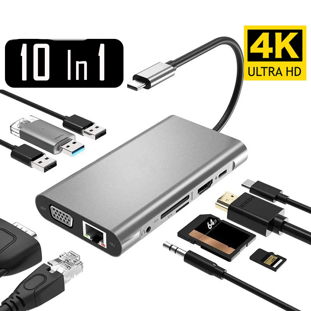 Адаптер USB Type C-HDMI 4K VGA RJ45 Lan Ethernet SD TF USB-C C 3 0 5 мм разъем аудио видео конвертер для MacBook