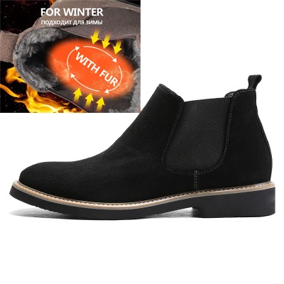 Black With Fur UPUPER/мужские ботинки «Челси» из коровьей замши; коллекция года; зимние теплые ботинки с острым носком; модная мужская кожаная обувь без застежки - Цвет: Black With Fur