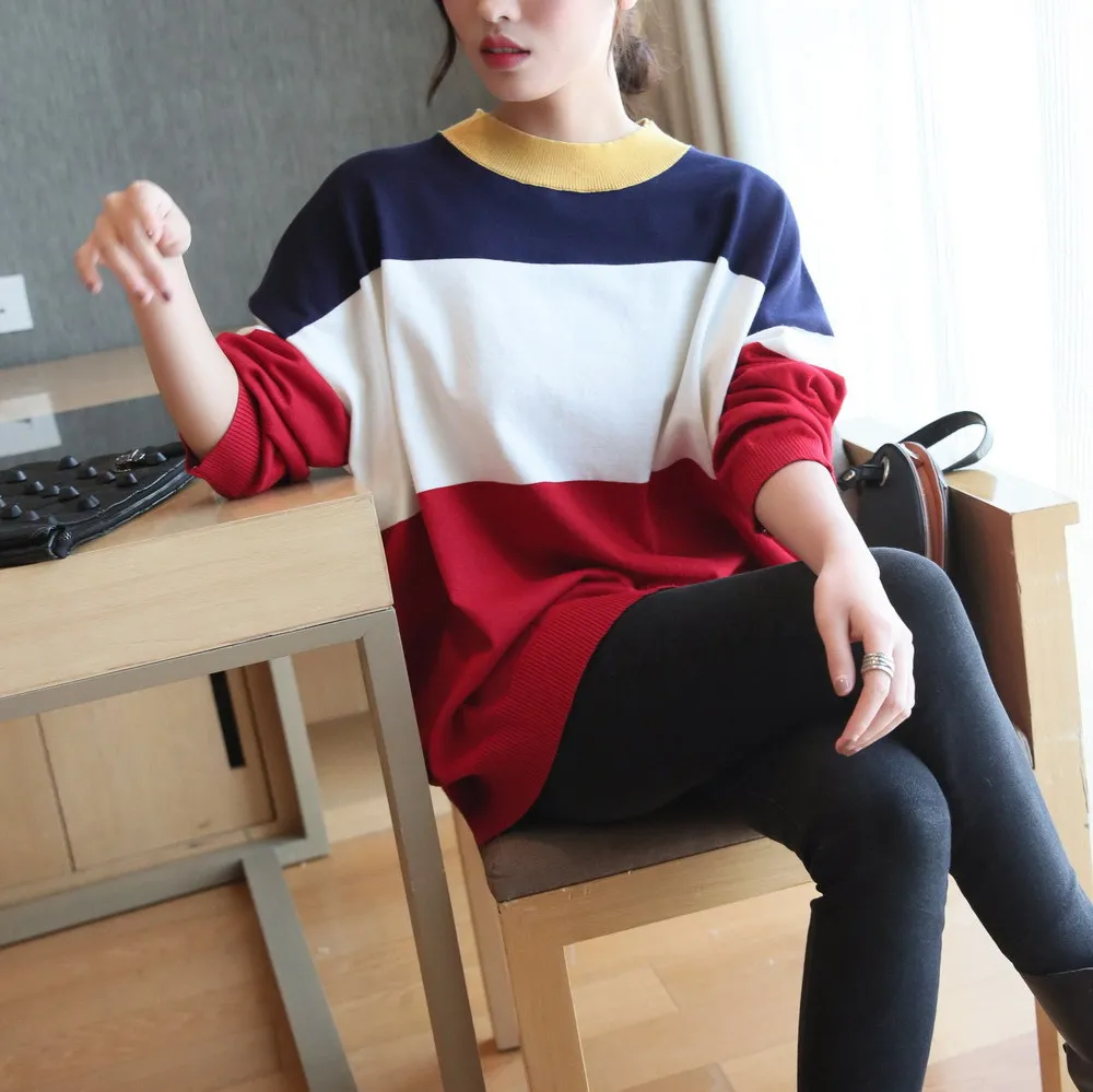 

2020 Women's Korean-style Casual Loose-Fit Spring Pullover Knitting Shirt Short Contrast Color Tops Laziness-Style Long Sleeve