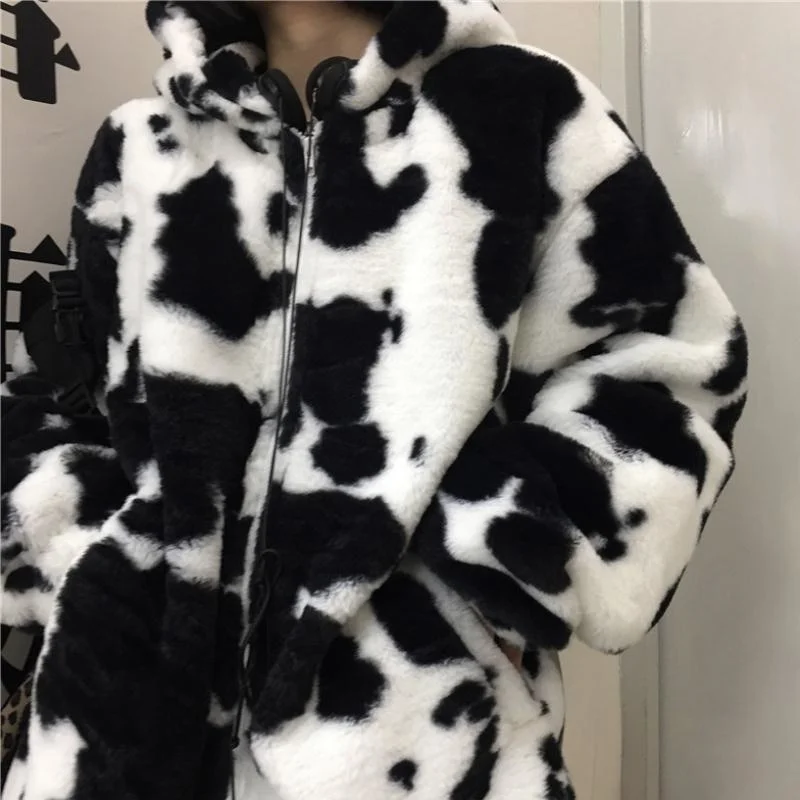 winter women fleece jackets furry teddy coat women harajuku milk cow print faux fur jacket vintage hip hop warm streetwear free global shipping