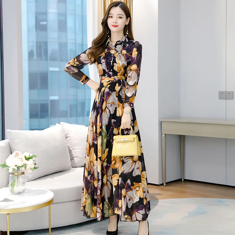 

Autumn Korean version of long-sleeved chiffon dress floral over-the-knee dress temperament popular skirt large size stand collar