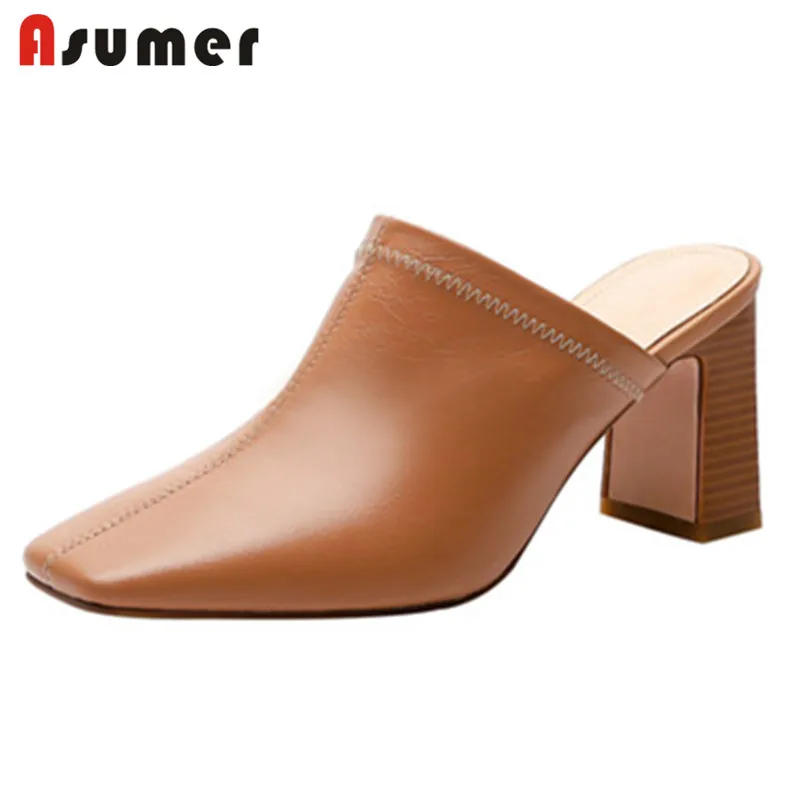 

Туфли-лодочки женские Asumer, из натуральной кожи, с квадратным носком, без застежки, вечерние, черные, 2021