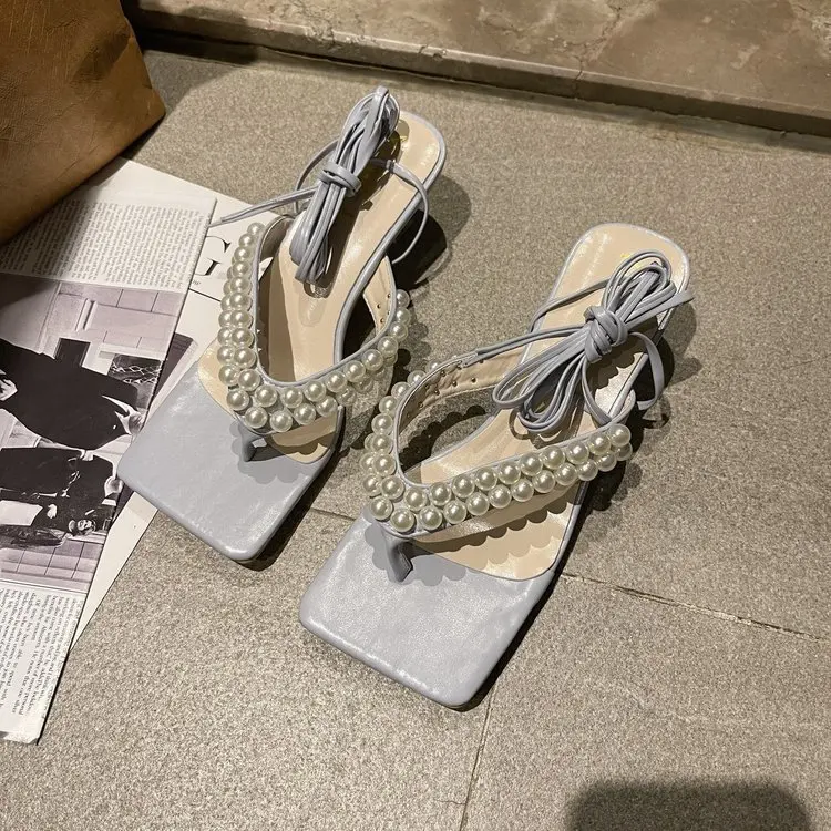 

Square Toe Female Shoes Ladies' Slippers Rubber Flip Flops Thin Heels String Bead Med 2021 Hawaiian Fabric Slides PU Rome