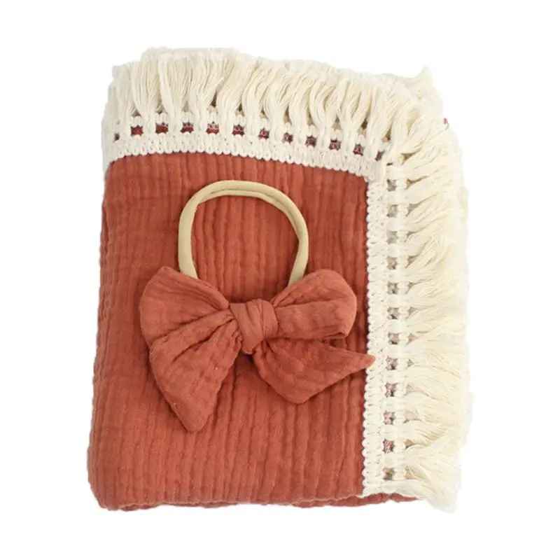 

2Pcs Baby Tassel Sleeping Swaddle Wrap Bow Headband Set Cotton Blanket Headwear