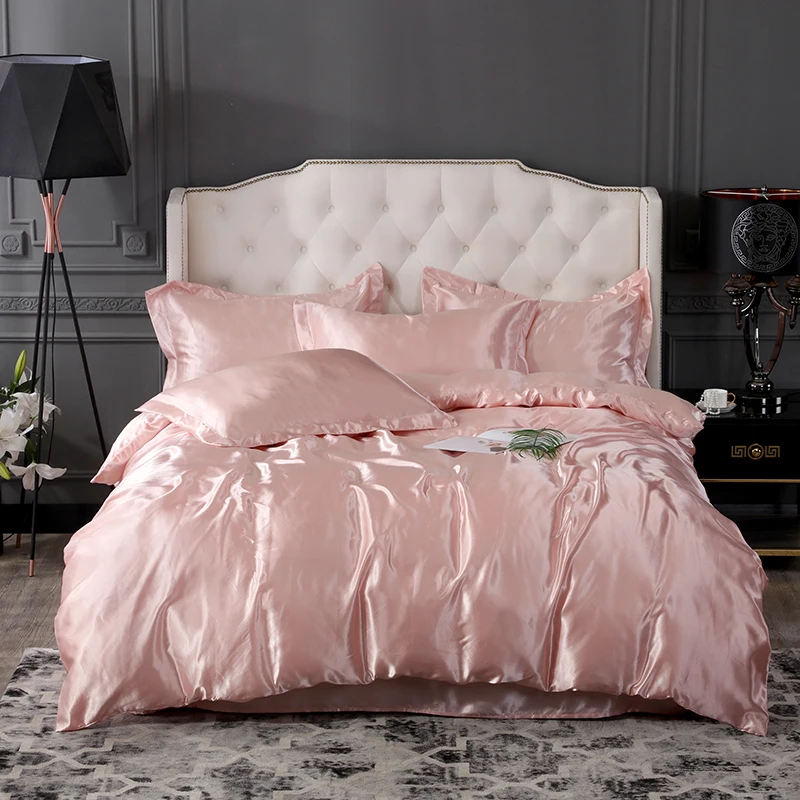 

Fashion Comfortable Nordic Style Silk Bedding Set Queen Size Satin Duvet Cover Sets High-end Solid Color bed set 2pcs/3Pcs/4pcs