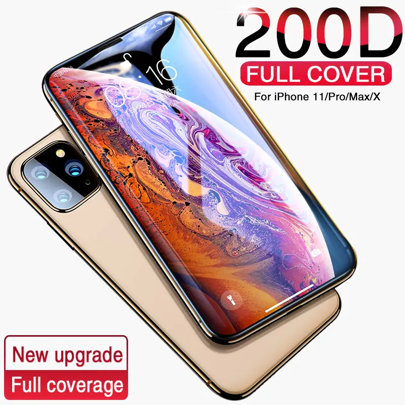 Закаленное стекло 200D с полным покрытием для iPhone 11 Pro X XR XS MAX Защитное экрана iphone