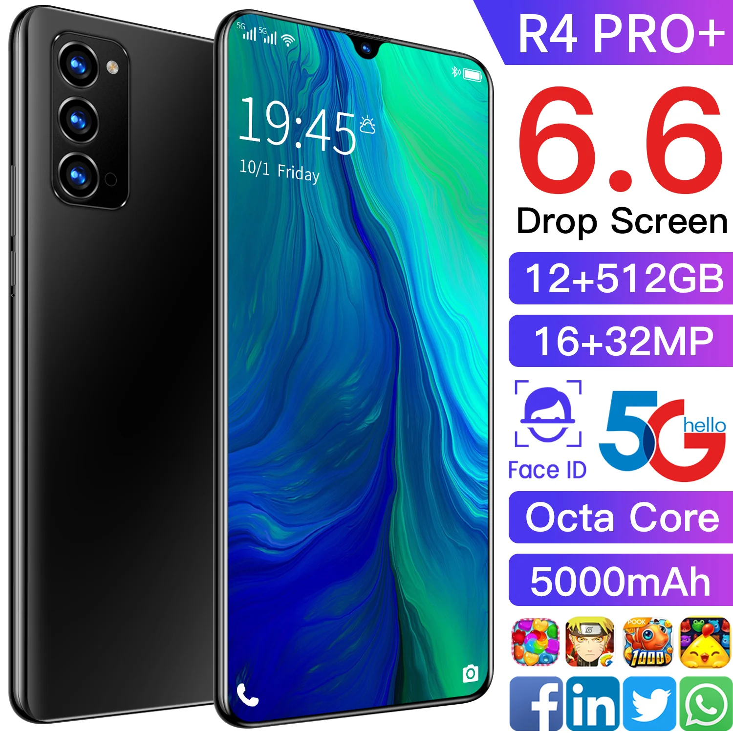 

R4 Pro+ Smartphone 6.6Inch Full Screen Octa Core 5000mAh 12GB 512GB 5GIntelligent wake-up, face recognition, fingerprint unlock