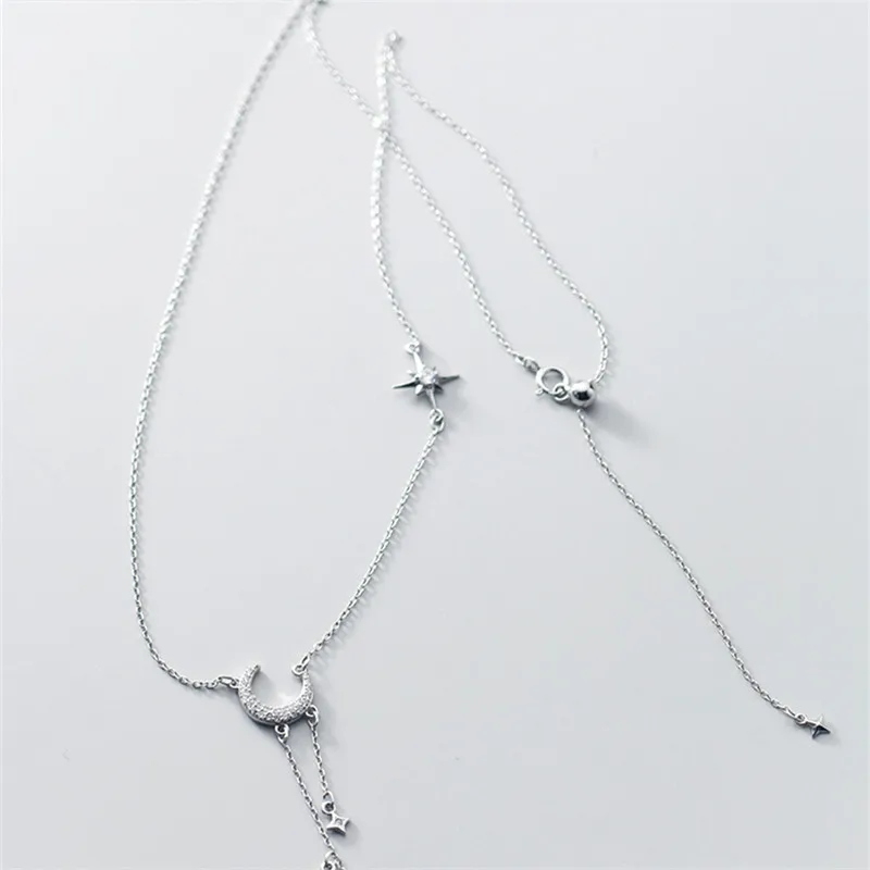 

WOOZU Real 925 Sterling Silver INS Cute Moon Star Zircon Link Chain Pendant Necklaces For Women Wedding Girlfriend Jewelry Gift