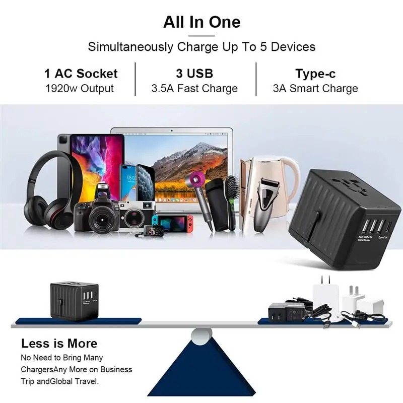 

Charger Adapter ABS Plastic Quick Charging Travel Adapter Universal 3 USB Type-C Portable Travel Converter