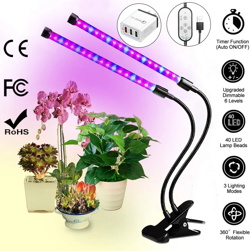 

LED Grow Light Lamp Dual/Triple Head 18/27W 5 Dimmable Levels Auto On/Off Plant Growth Light with 5 Dimmable Brightness Modes